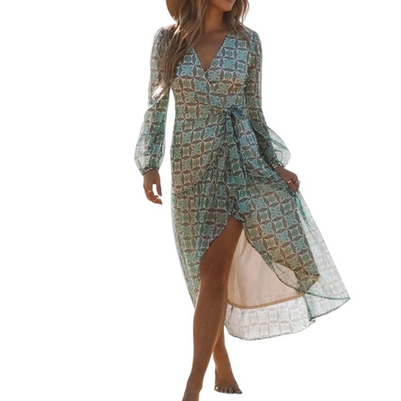 lovestitch Dresses & Skirts - Lovestitch Teal Blue Geometric Floral Print Wrap Maxi Dress Long Sleeve L Sheer